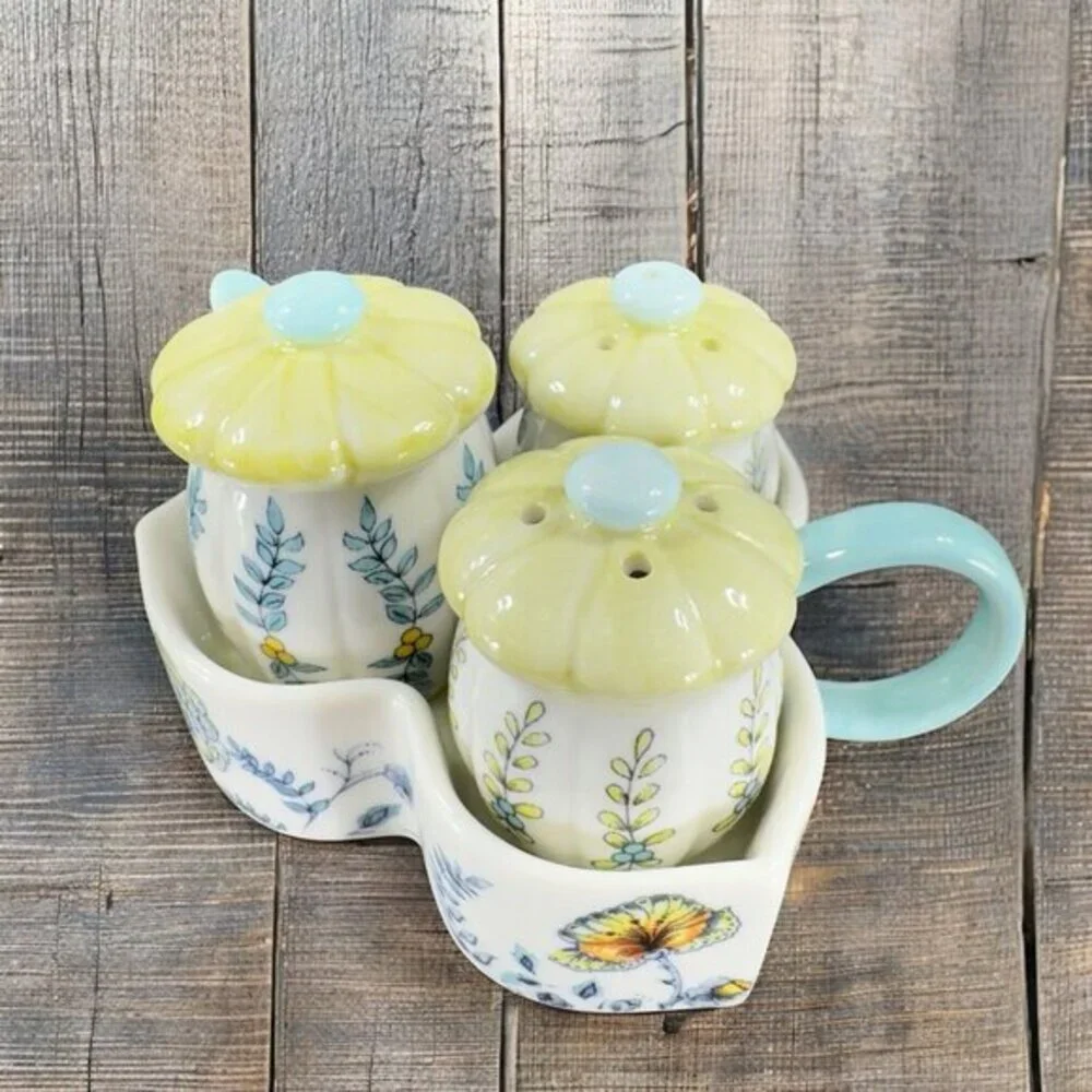 Anthropologie Ceramic Salt And Pepper Covered Mustard Pot and Spoon on Tray VTG
